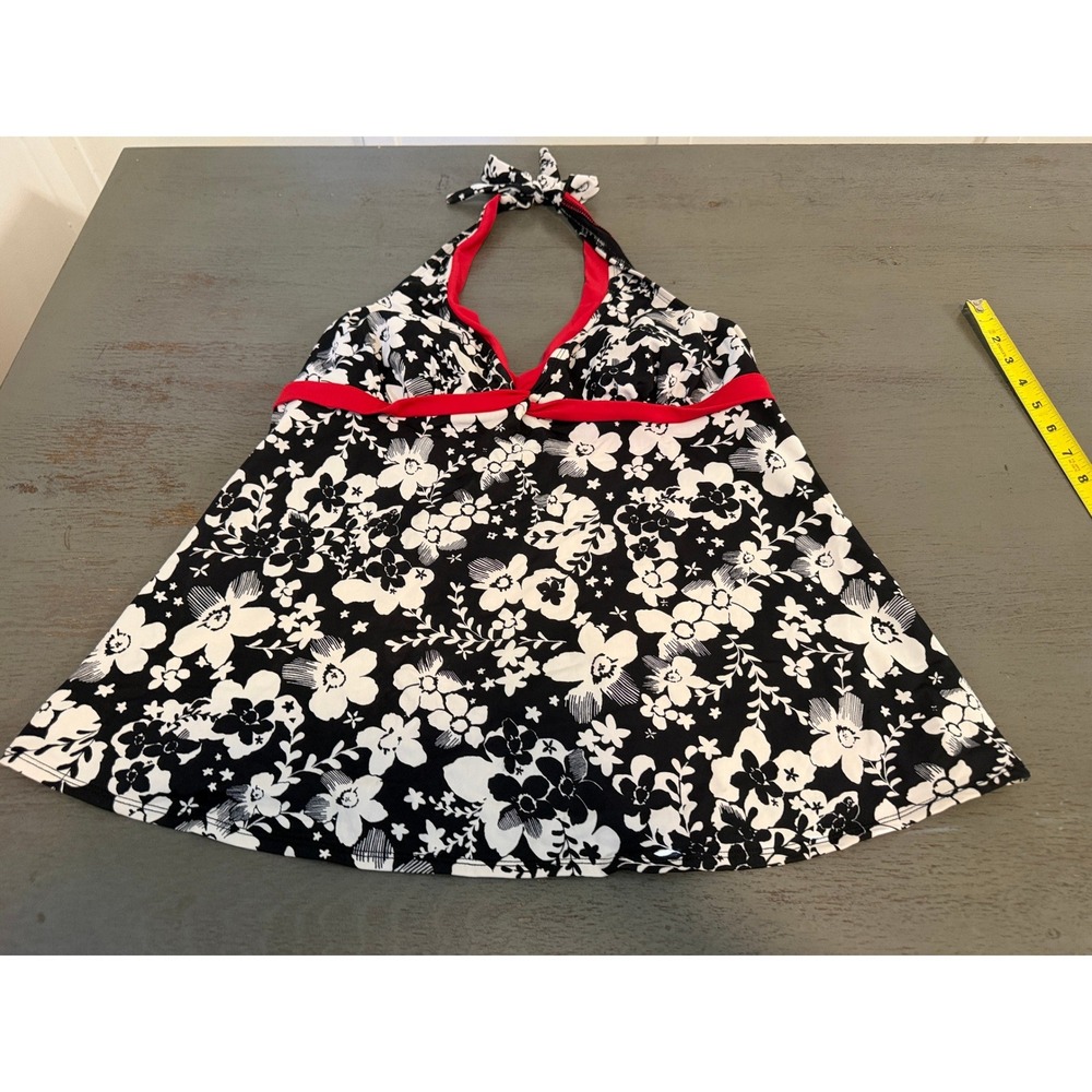 Liz Lange Maternity Tankini Top Black White Floral Red Trim Halter Size L
